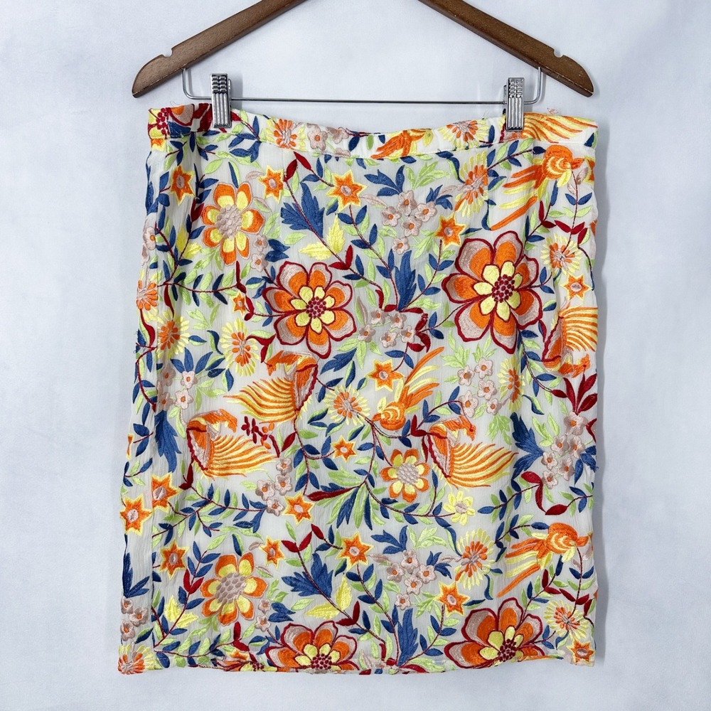 Baraschi Bright Floral Bird Embroidered Multicolor Pencil Skirt Womens Size 14